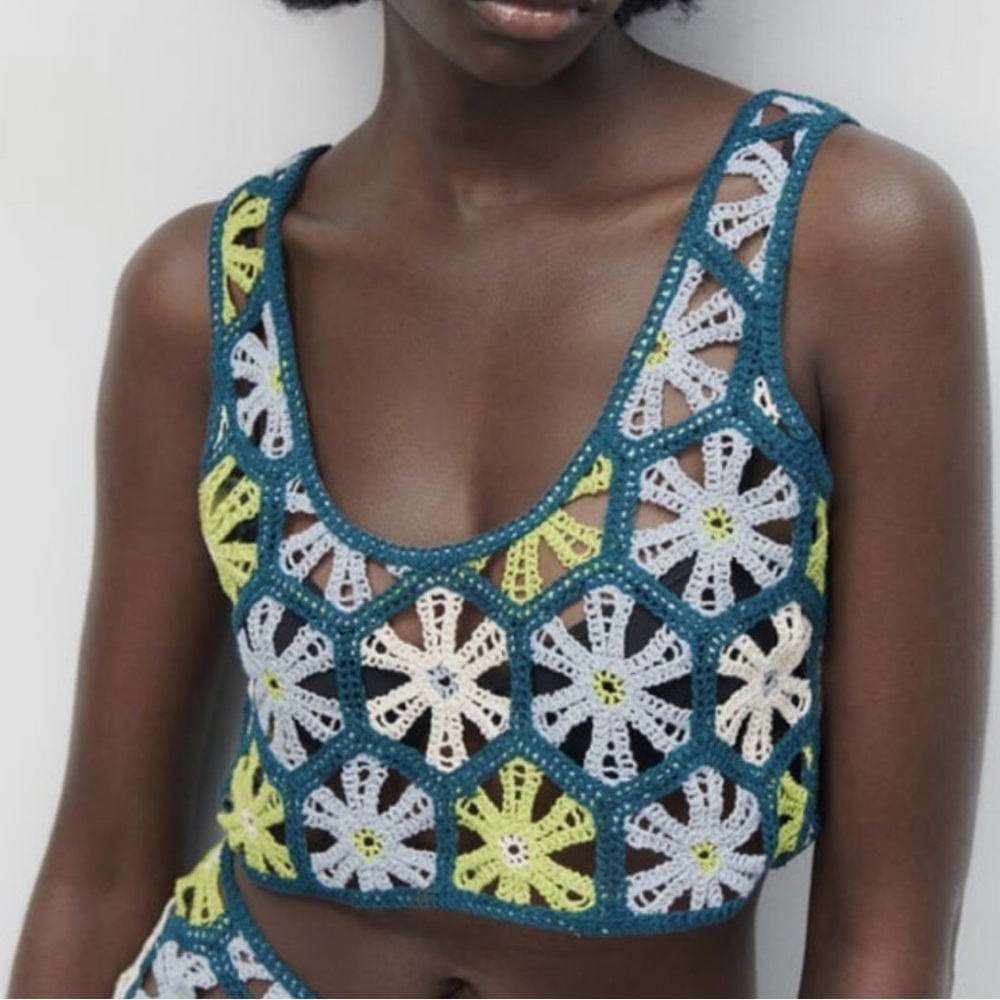 ZARA Floral Crochet Knit Crop Top Blogger Favorite M